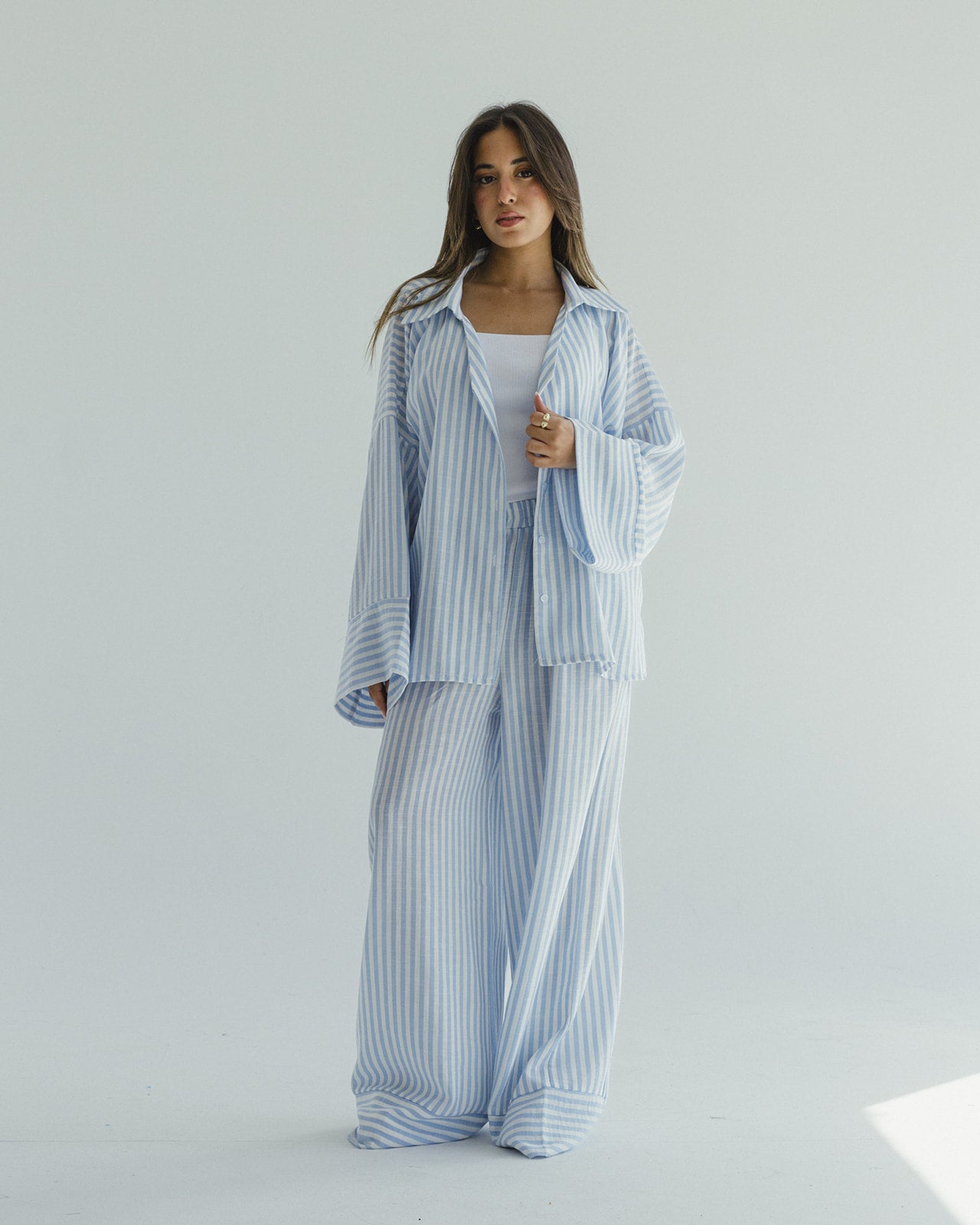 Striped Linen Over-Size set in Baby blue