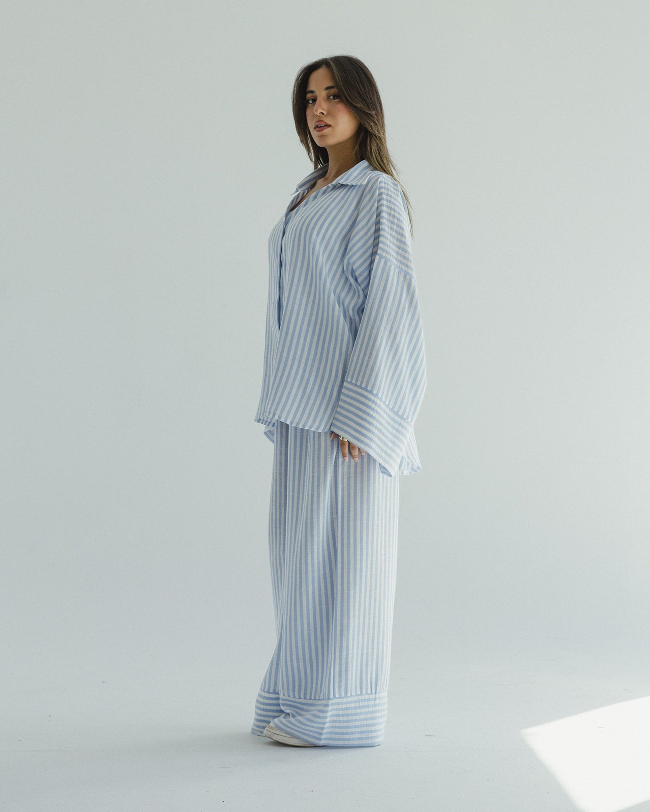 Striped Linen Over-Size set in Baby blue