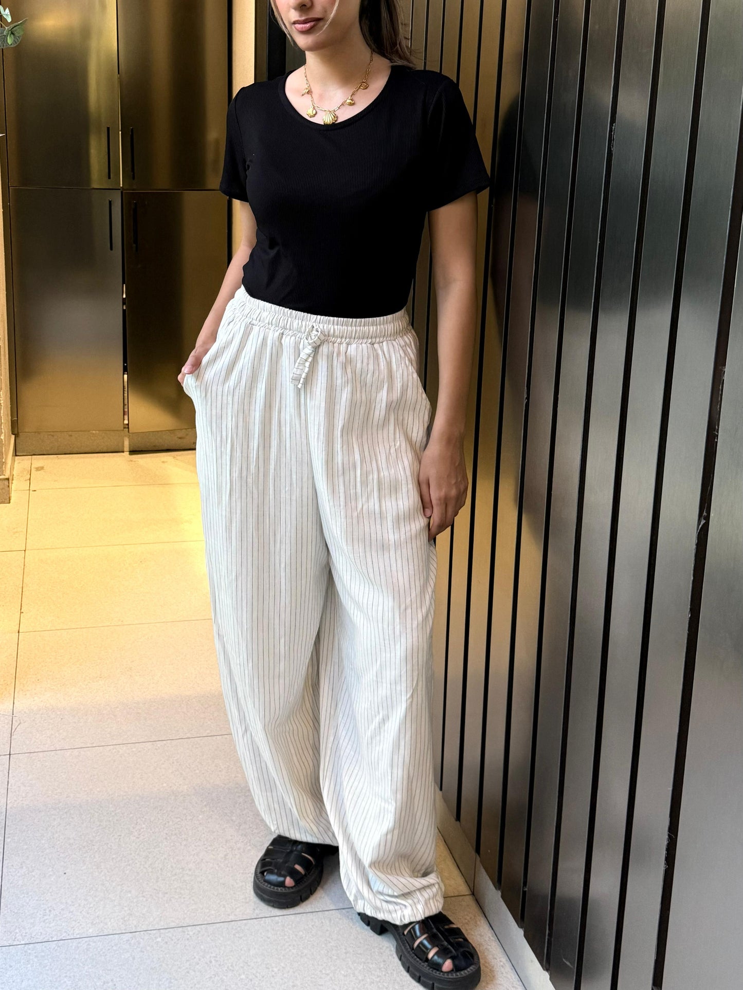 raw edge linen striped pants in white