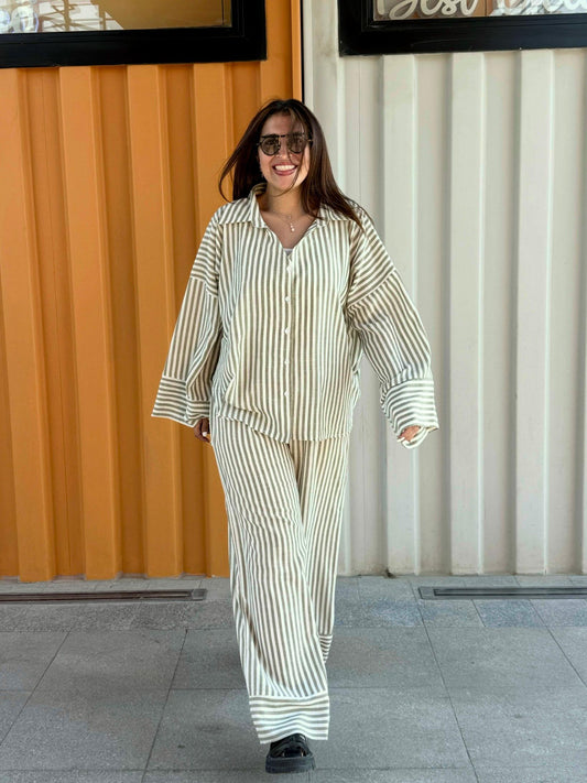 Striped Linen  Over-Size set in Sage