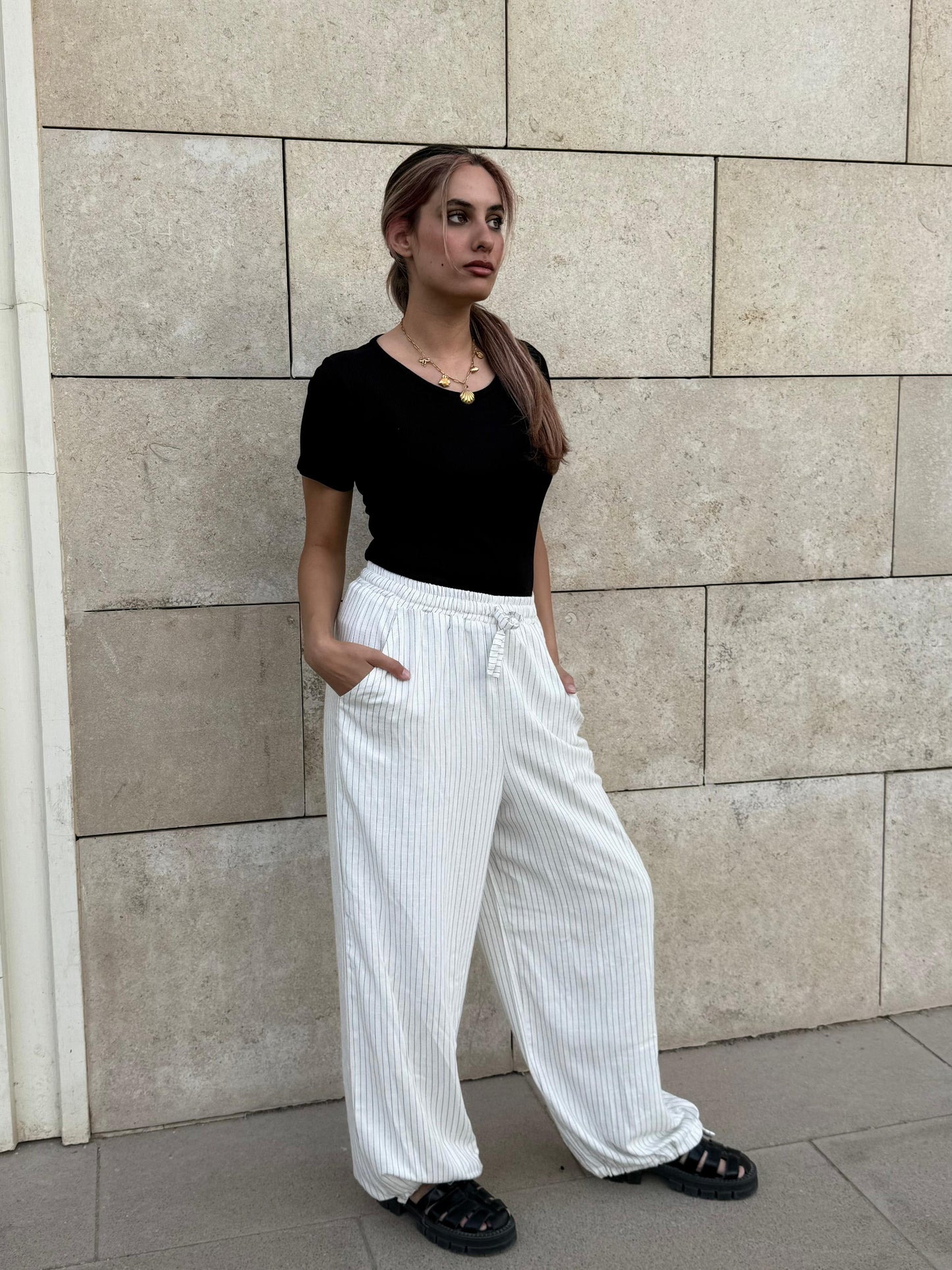 raw edge linen striped pants in white