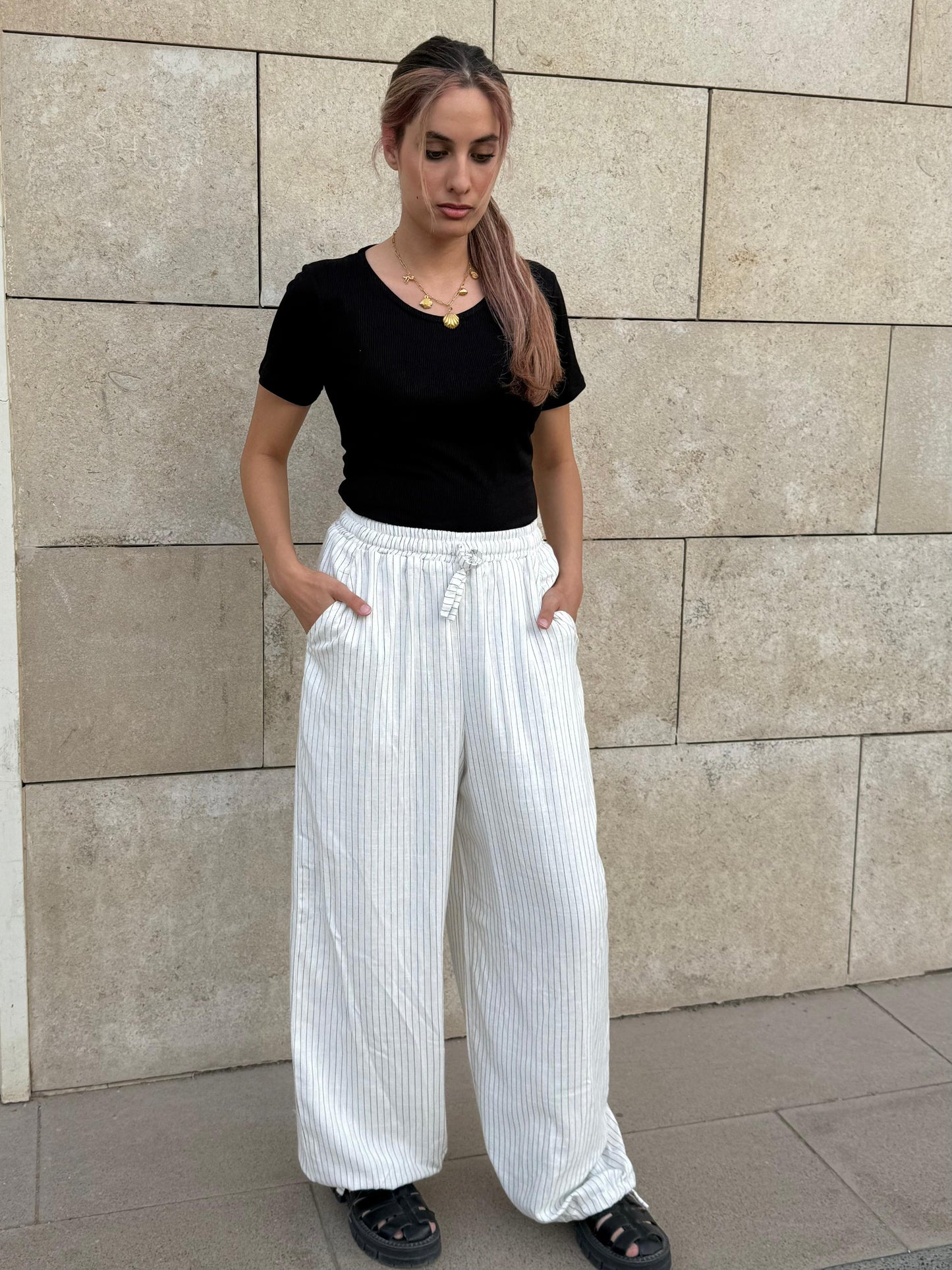 raw edge linen striped pants in white