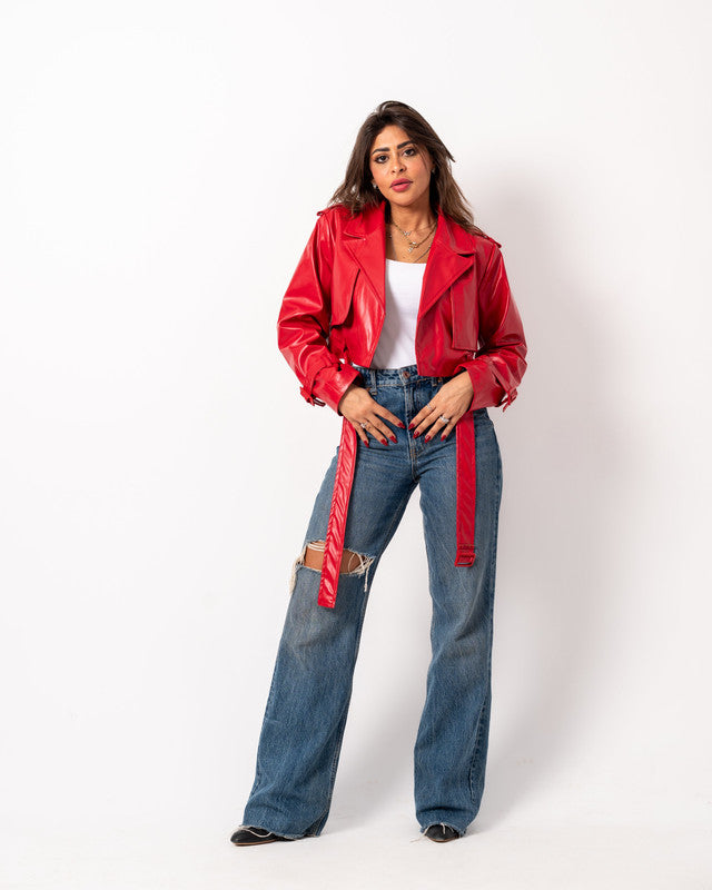 Women's Pure Leather Double Way Coat in Red - Stylish & Versatile Outerwear Made in Egypt