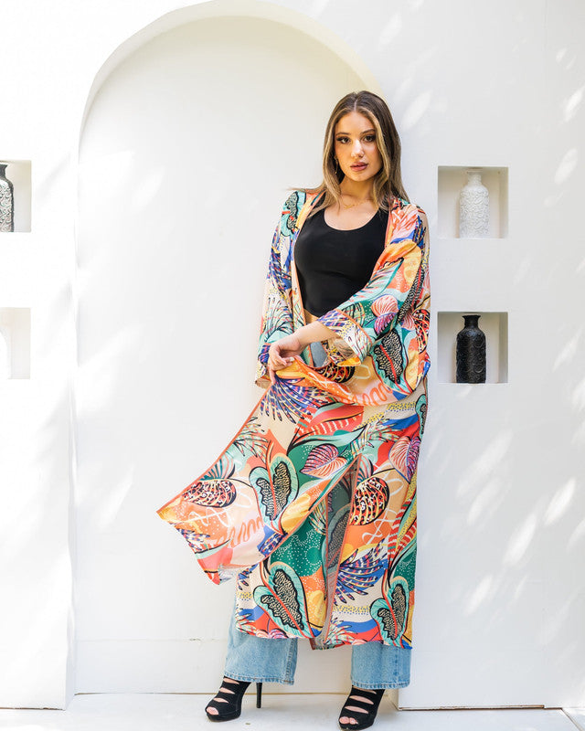 Women's Pure Satin Printed Kimono Cardigan - Elegant Fashion Tops - Made in Egypt - One Size Fit