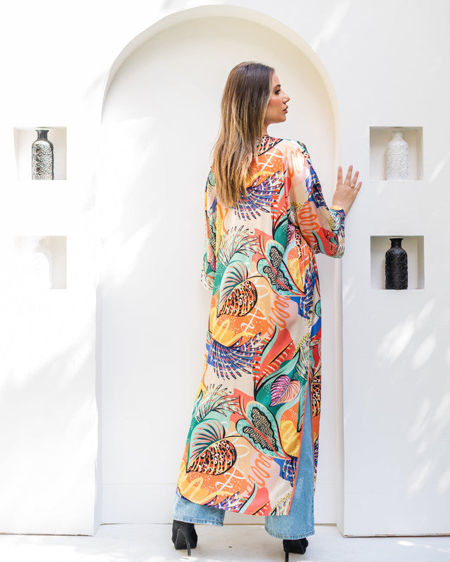 Women's Pure Satin Printed Kimono Cardigan - Elegant Fashion Tops - Made in Egypt - One Size Fit