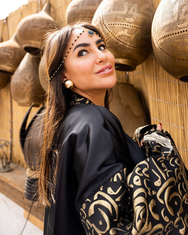 Women's Black Arabi Kaftan - Pure Satin & Brocade Cardigan Top, Made in Egypt - One Size Fit