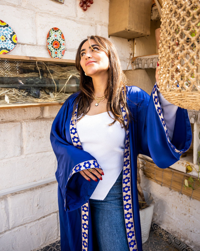 Women's Pure Satin Blue Layan Cardigan with Handmade Embroidery - Elegant Egyptian Fashion Top - One Size Fit