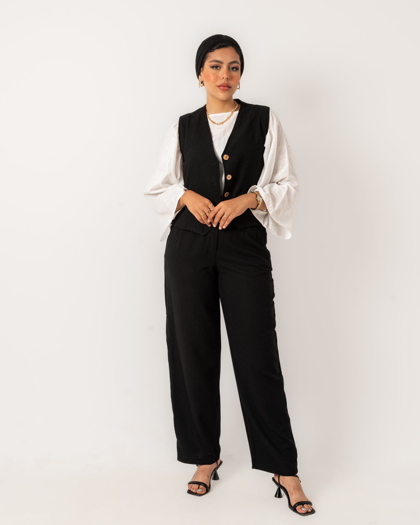 Women's Pure Linen Blazer Vest Set - Black, Made in Egypt