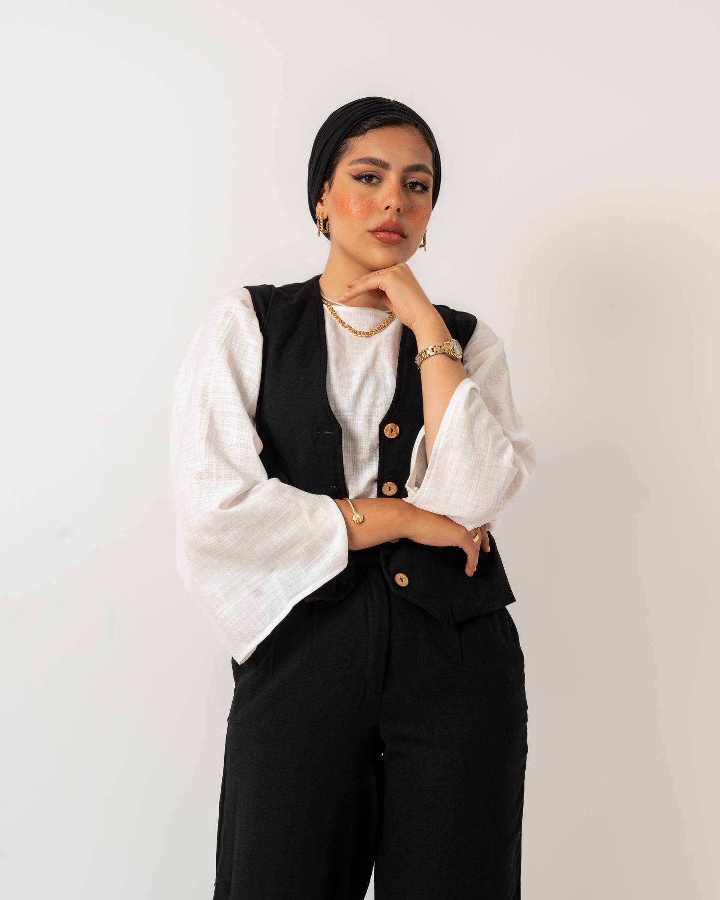 Women's Pure Linen Blazer Vest Set - Black, Made in Egypt
