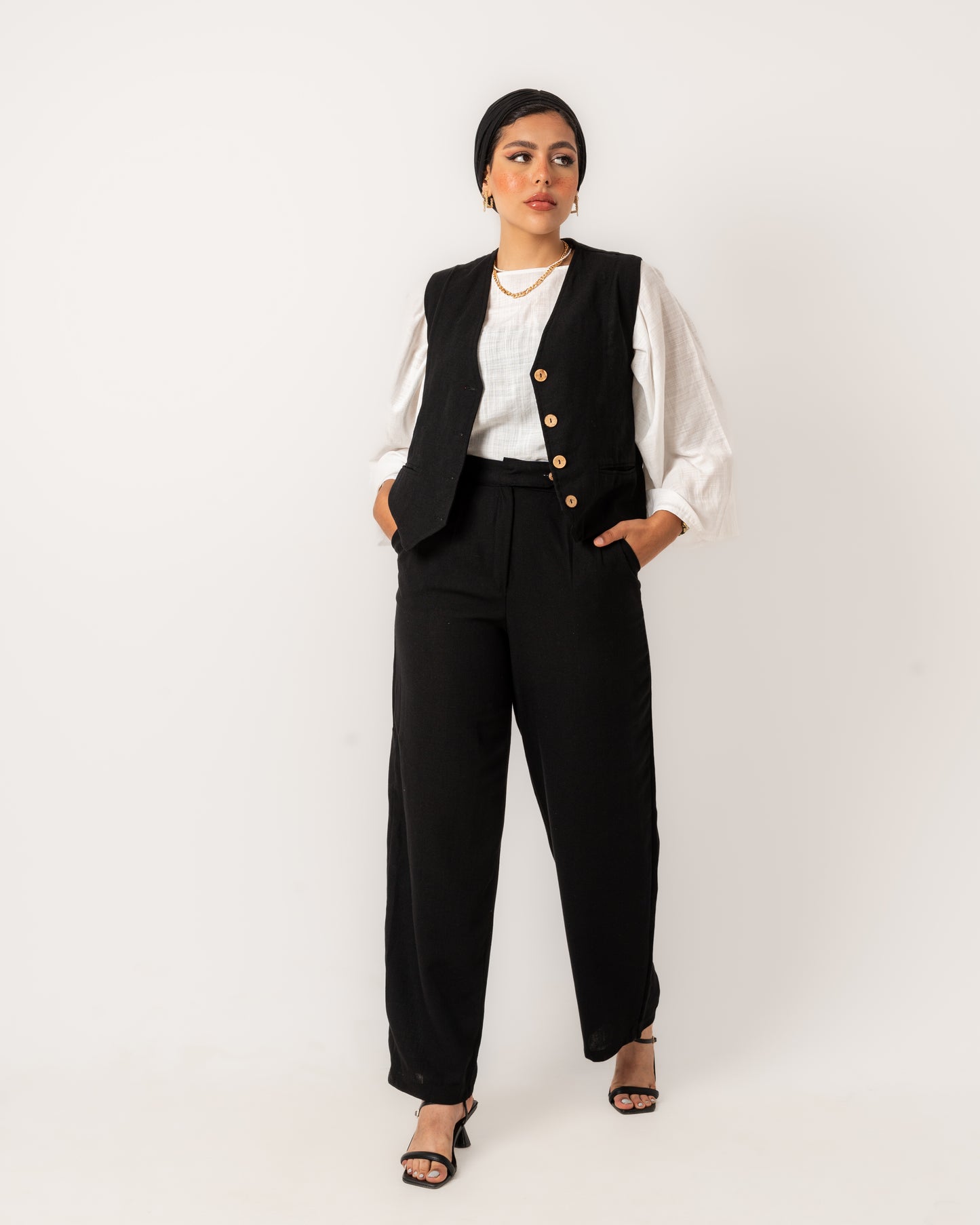 Women's Pure Linen Blazer Vest Set - Black, Made in Egypt
