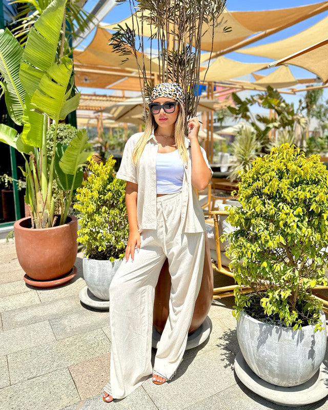 Women's Pure Linen Half-Sleeves Set in Beige - Elegant Egyptian Design
