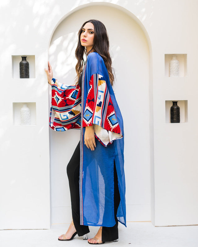 Women's Blue Squared Sleeves Kaftan Abaya