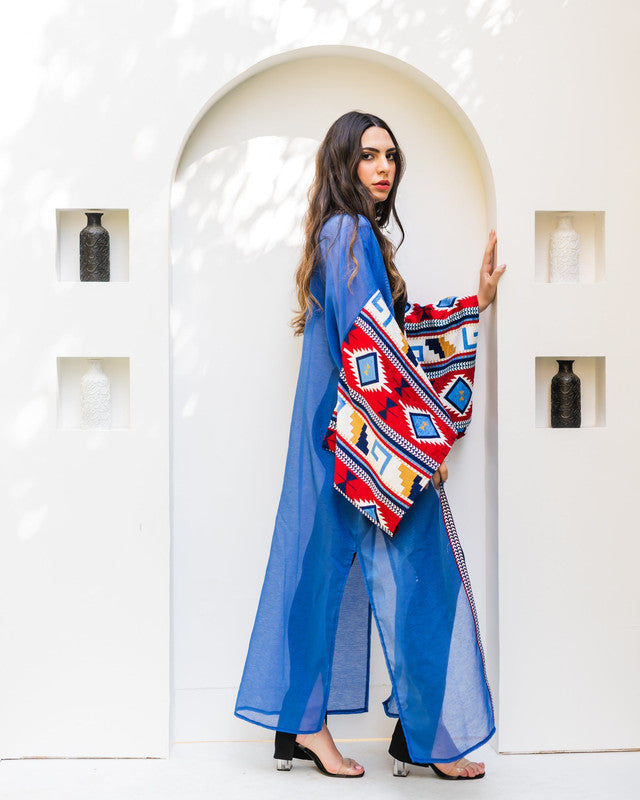 Women's Blue Squared Sleeves Kaftan Abaya