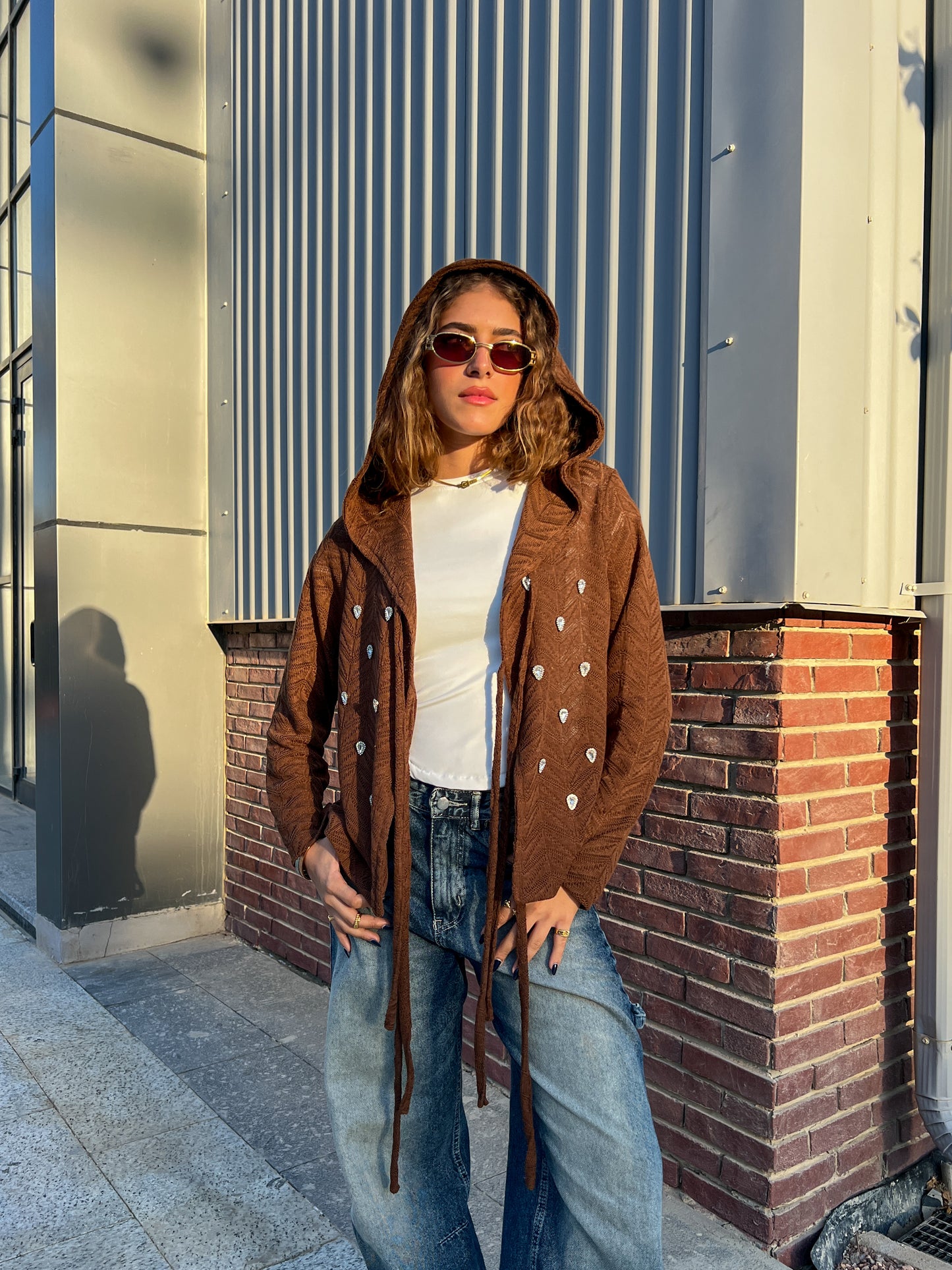 CROCHET BOW KIMONO IN BROWN