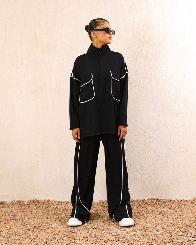 Women's Black Linen Suit with White Lines - Summer Ready Fashion Set - Made in Egypt