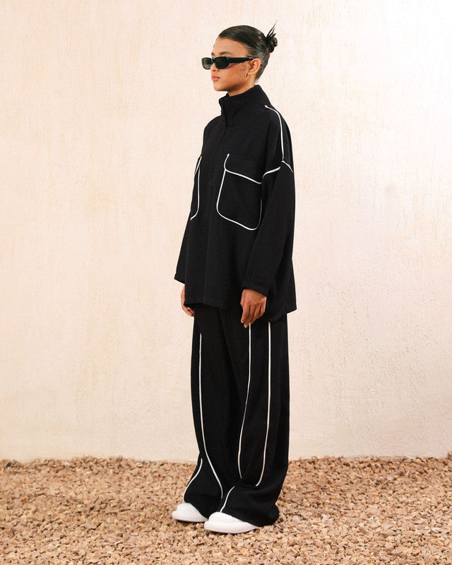 Women's Black Linen Suit with White Lines - Summer Ready Fashion Set - Made in Egypt