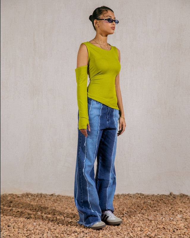 Women's One Sleeve Off Shoulder Top - Lime Green, Cotton, Ripped Design, Trendy Fashion Blouse, Made in Egypt