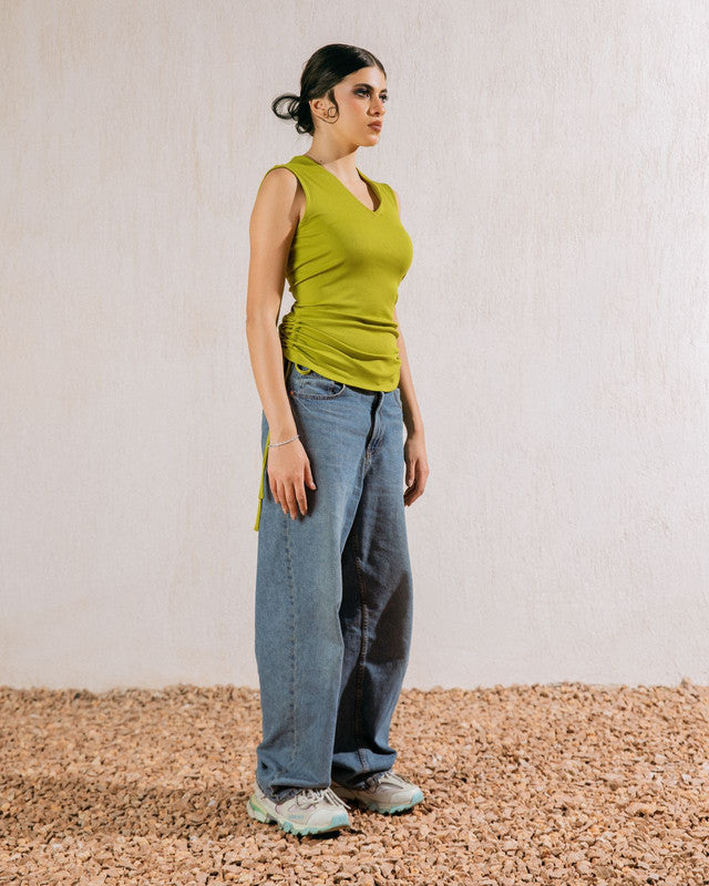 Women's V-Neck Lime Cotton Ripped Top - Stylish Summer Fashion, Made in Egypt