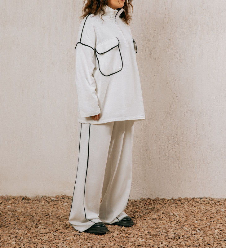Women's Pure Linen Summer Suit Set - Beige with Black Lines - Made in Egypt
