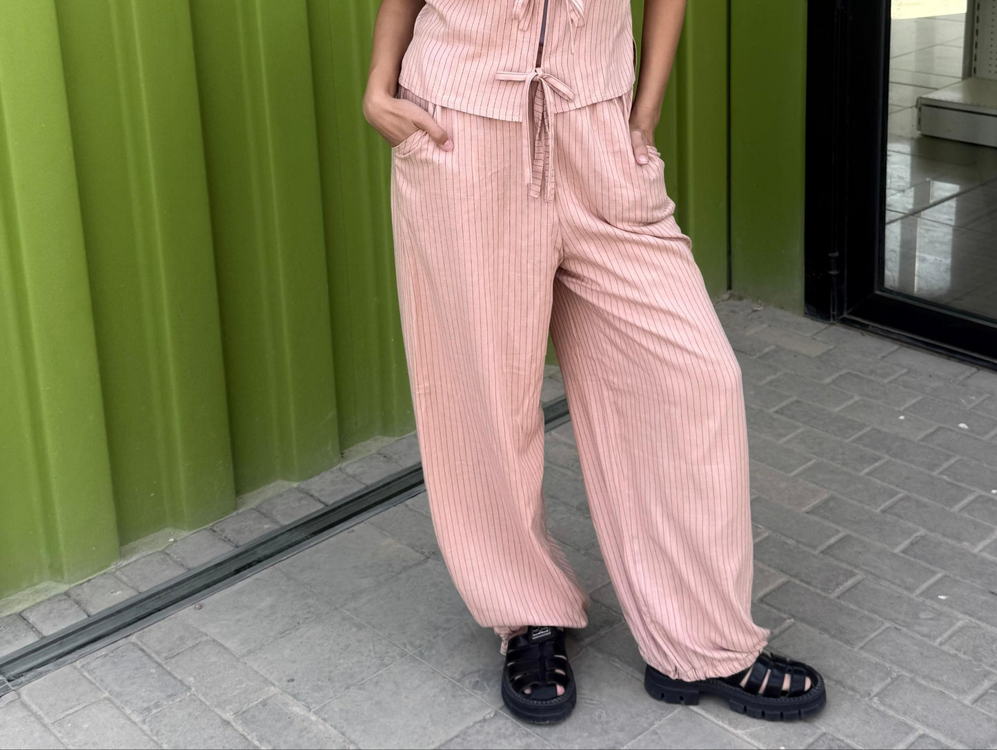 raw edge linen striped pants in nude