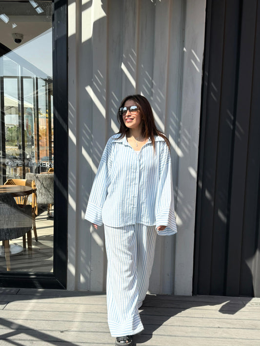 Striped Linen  Over-Size set in Baby blue