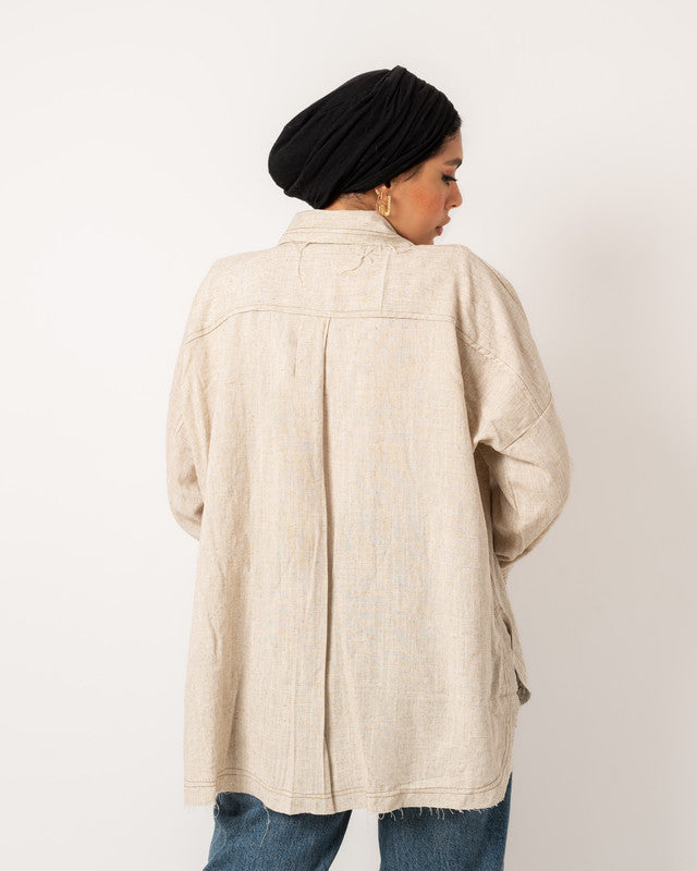 Women's Pure Linen Unfinished Shirt - Beige Color, Casual Tops, Made in Egypt