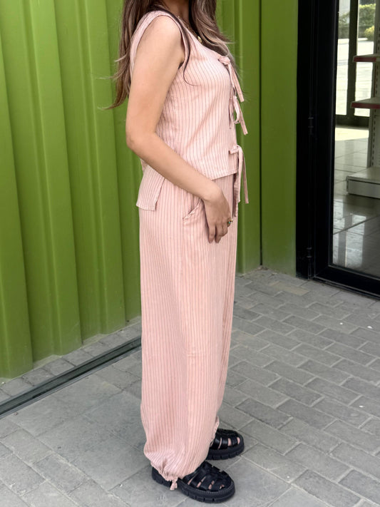 raw edge linen striped pants in nude