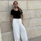 raw edge linen striped pants in white