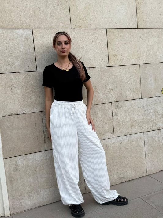 raw edge linen striped pants in white