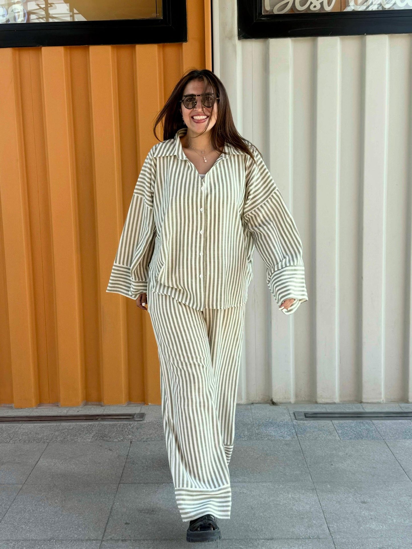 Striped Linen  Over-Size set in Sage