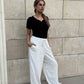 raw edge linen striped pants in white