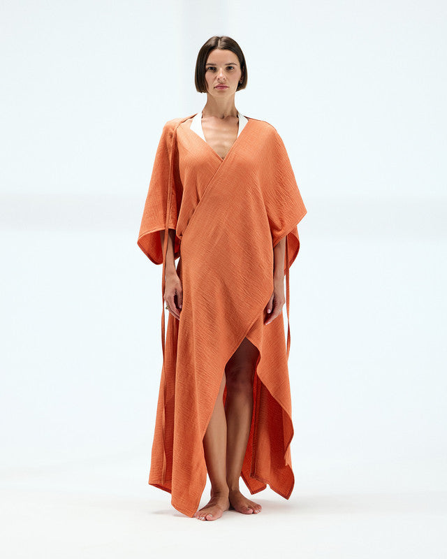 Women's Powder Orange Cover-Up - Spanish Linen, Free Size - Elegant Beach and Resort Wear Kaftan for Casual and Festive Occasions