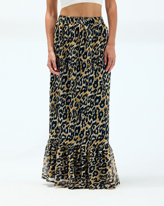 Women's Black & Yellow Tiger Print Skirt - Lined Chiffon Maxi Skirt, Free Size - Stylish Tiger Print for Casual and Festive Occasions