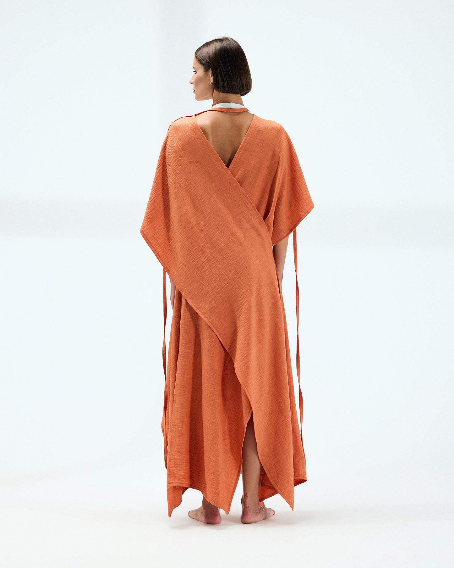 Women's Powder Orange Cover-Up - Spanish Linen, Free Size - Elegant Beach and Resort Wear Kaftan for Casual and Festive Occasions