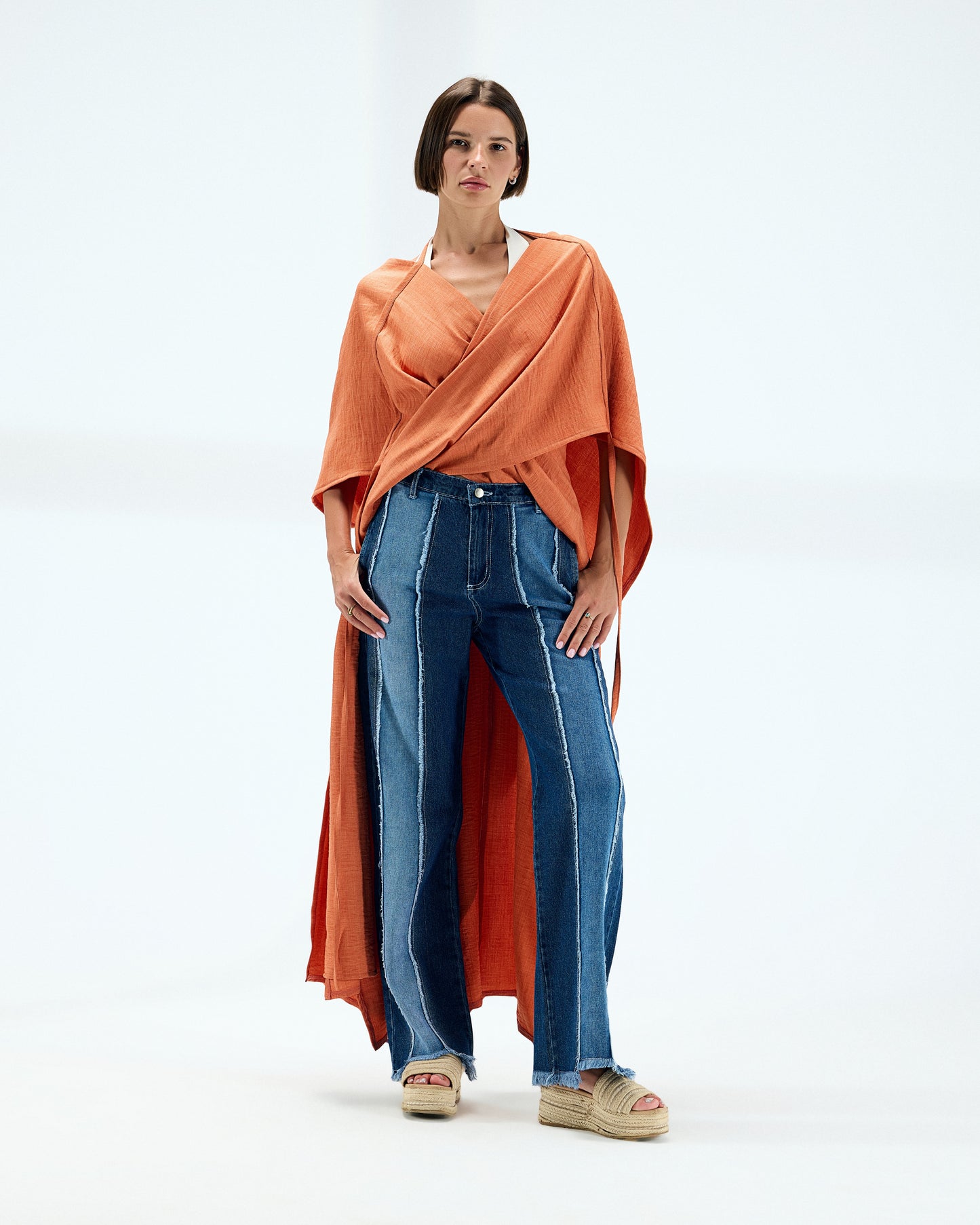 Women's Powder Orange Cover-Up - Spanish Linen, Free Size - Elegant Beach and Resort Wear Kaftan for Casual and Festive Occasions