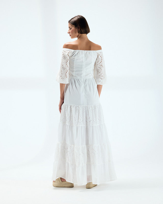 Women's Off-Shoulder White Dress - Embroidered Voile Fabric, Elegant and Flowing Maxi Dress for Casual and Festive Occasions