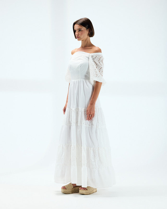 Women's Off-Shoulder White Dress - Embroidered Voile Fabric, Elegant and Flowing Maxi Dress for Casual and Festive Occasions