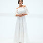 Women's Off-Shoulder White Dress - Embroidered Voile Fabric, Elegant and Flowing Maxi Dress for Casual and Festive Occasions