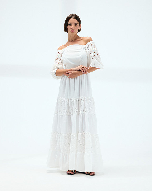 Women's Off-Shoulder White Dress - Embroidered Voile Fabric, Elegant and Flowing Maxi Dress for Casual and Festive Occasions