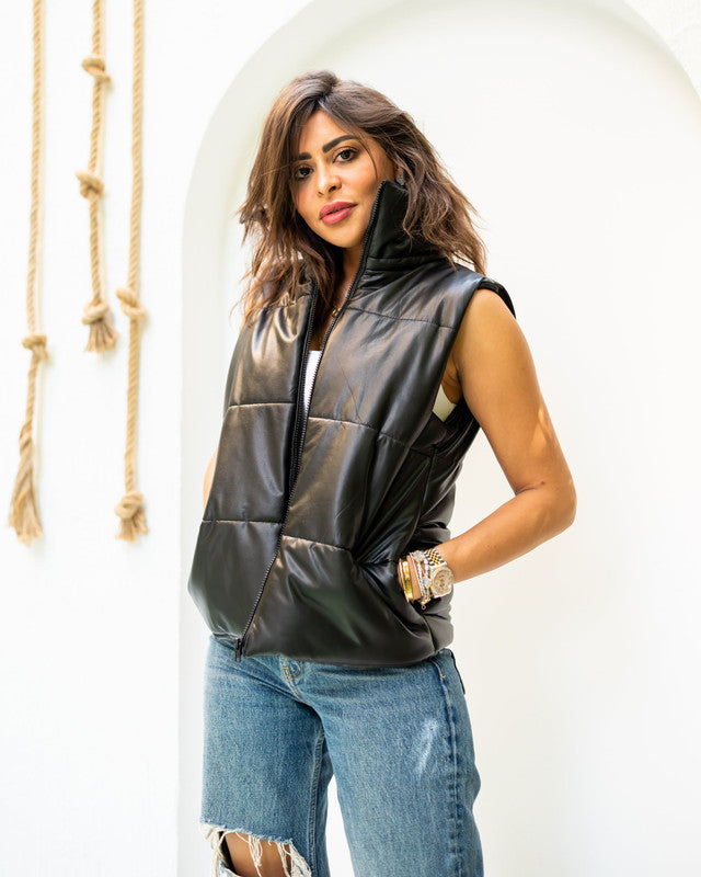 Women's Black Leather Pumped Vest - Premium Pure Leather Top - Made in Egypt