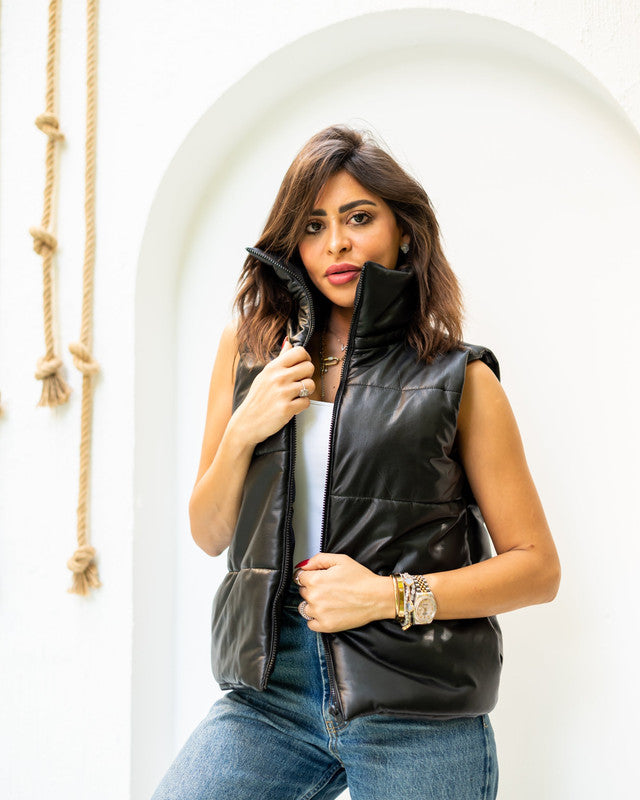 Black leather vest by Aya Osama Couture, stylish and high-quality, perfect for women's fashion and luxury outerwear.