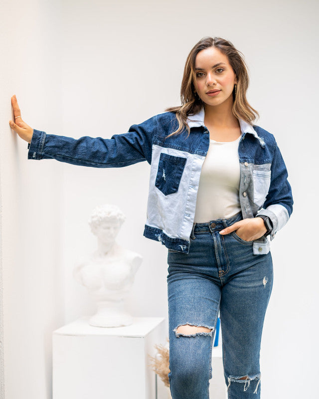 Women's Denim Patches Jacket - Stylish Embroidered Jean Coat - Trendy Casual Tops - Made in Egypt