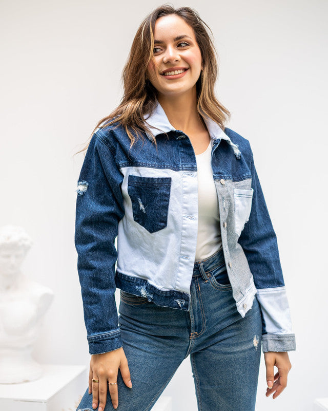 Women's Denim Patches Jacket - Stylish Embroidered Jean Coat - Trendy Casual Tops - Made in Egypt