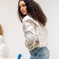 Women's Beige Fringed Denim Jacket - Stylish Casual Outerwear - Made in Egypt