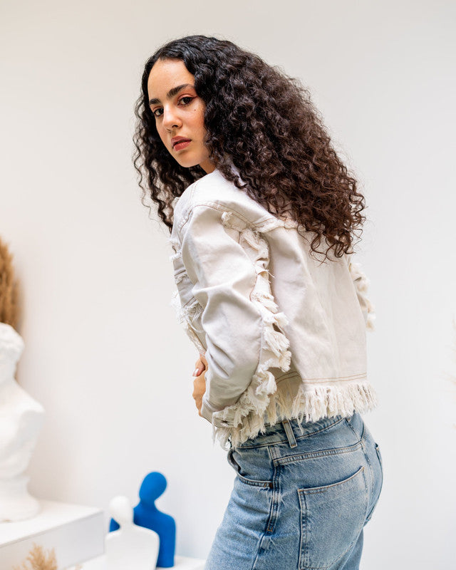 Women's Beige Fringed Denim Jacket - Stylish Casual Outerwear - Made in Egypt