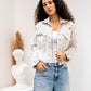 Women's Beige Fringed Denim Jacket - Stylish Casual Outerwear - Made in Egypt