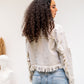 Women's Beige Fringed Denim Jacket - Stylish Casual Outerwear - Made in Egypt