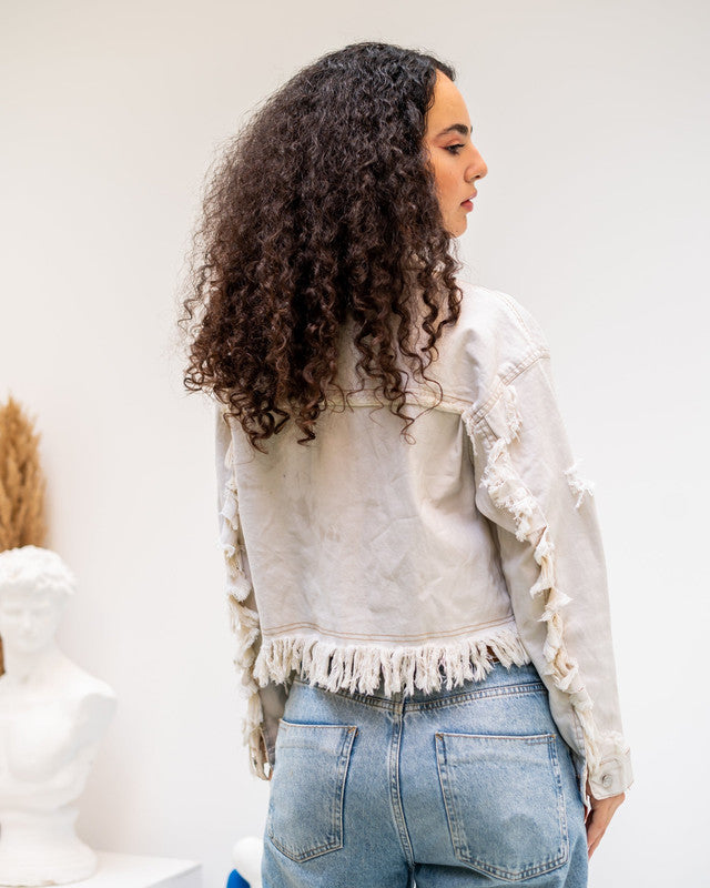 Women's Beige Fringed Denim Jacket - Stylish Casual Outerwear - Made in Egypt