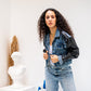 Women's Blue Denim Jacket with Pure Leather Sleeves - Stylish & Trendy Outerwear - Made in Egypt