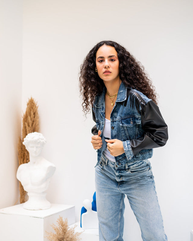 Women's Blue Denim Jacket with Pure Leather Sleeves - Stylish & Trendy Outerwear - Made in Egypt